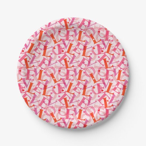 LOVE Typography Pattern Valentines Day Paper Plates