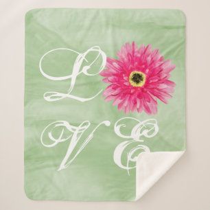 LOVE Typography Pink Gerbera Daisy Flower on Green Sherpa Blanket