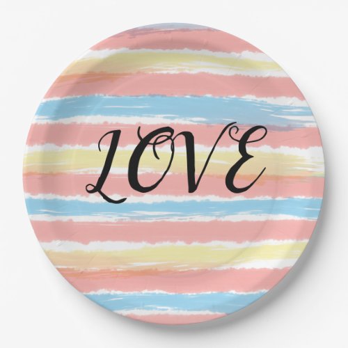 Love Typography Pink Yellow Blue Watercolor  Paper Plates