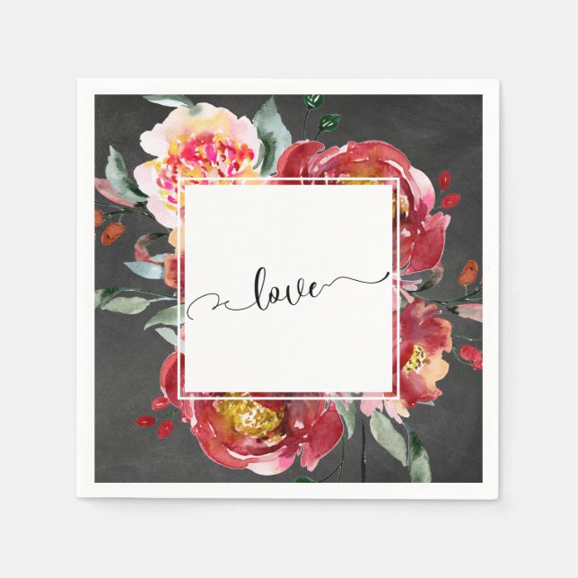 Love Typography Red Floral Bouquet, Chalkboard Napkins (Front)