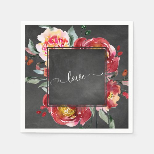 Love Typography Red Floral Bouquet on Chalkboard Napkins