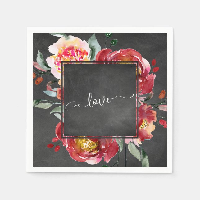 Love Typography Red Floral Bouquet on Chalkboard Napkins (Front)