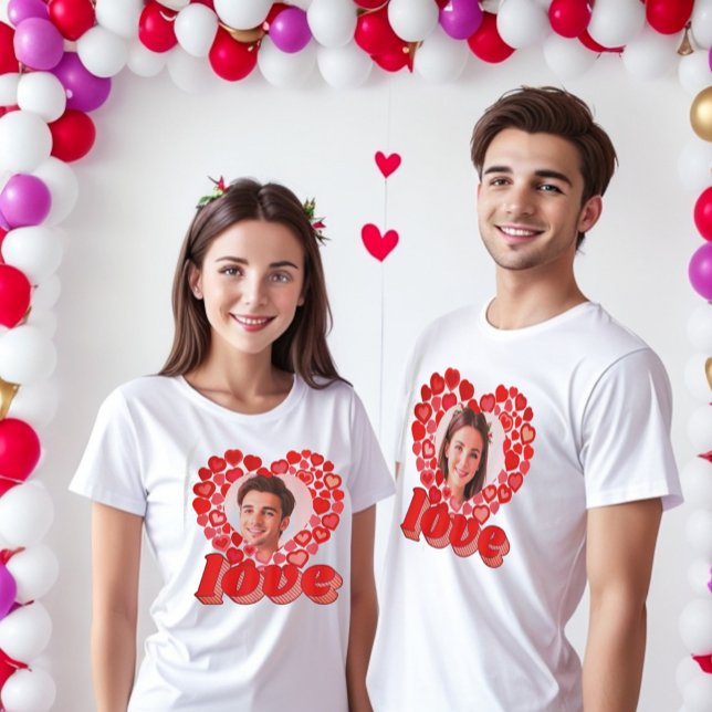 Love typography red hearts photo T-Shirt (Love is in the air. Love typography custom heart shaped photo and red hearts.)