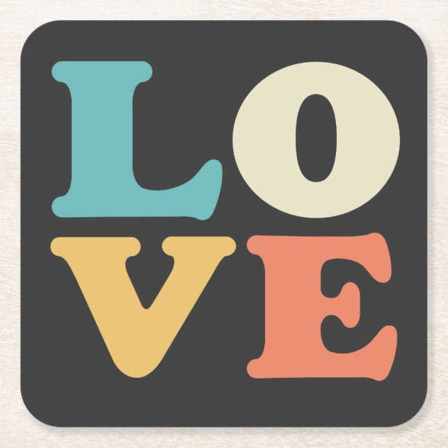 Love Typography Retro Color Square Paper Coaster (Front)