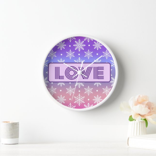 LOVE Typography Snowflakes Purple  Clock (Home)