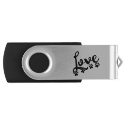 Love Typography With Dog Paw Prints Flash Drive