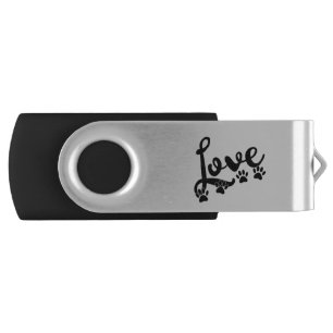 Love Typography With Dog Paw Prints Flash Drive
