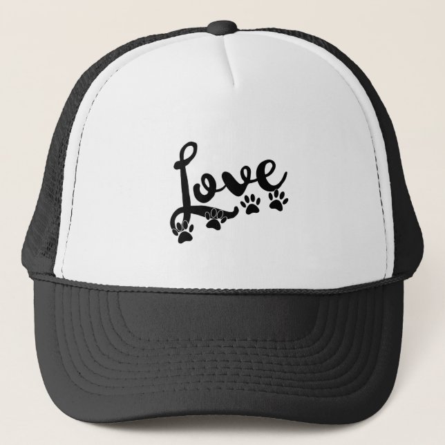 Love Typography With Dog Paw Prints Trucker Hat (Front)