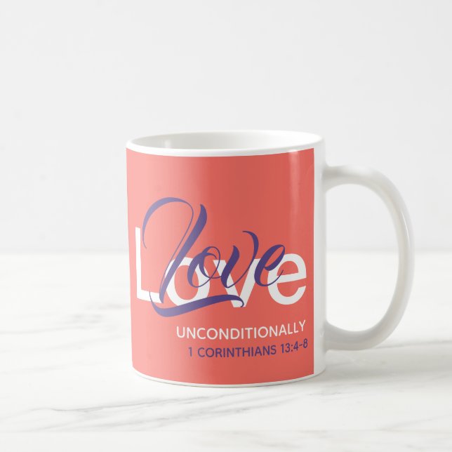 LOVE UNCONDITIONALLY Monogram Christian Coral Coffee Mug (Right)
