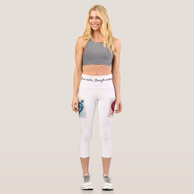 Love Unites Waistband Design – Motivational Women’ Capri Leggings (Front)
