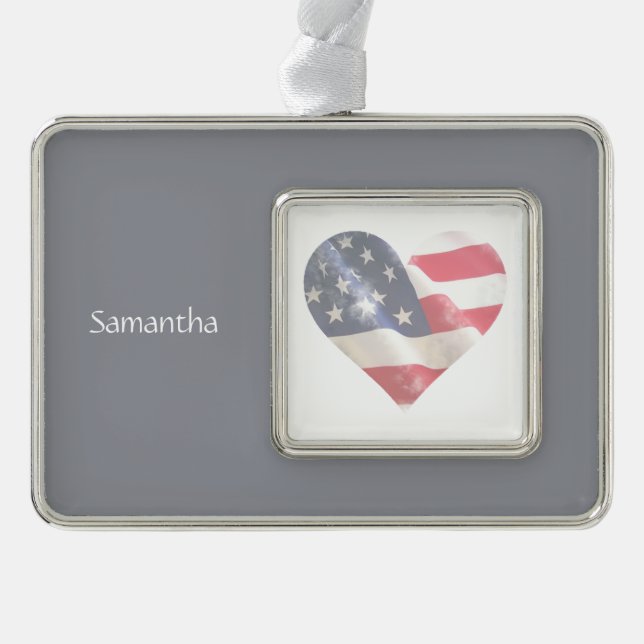 Love USA American Heart Flag Custom Name Christmas Ornament (Front)