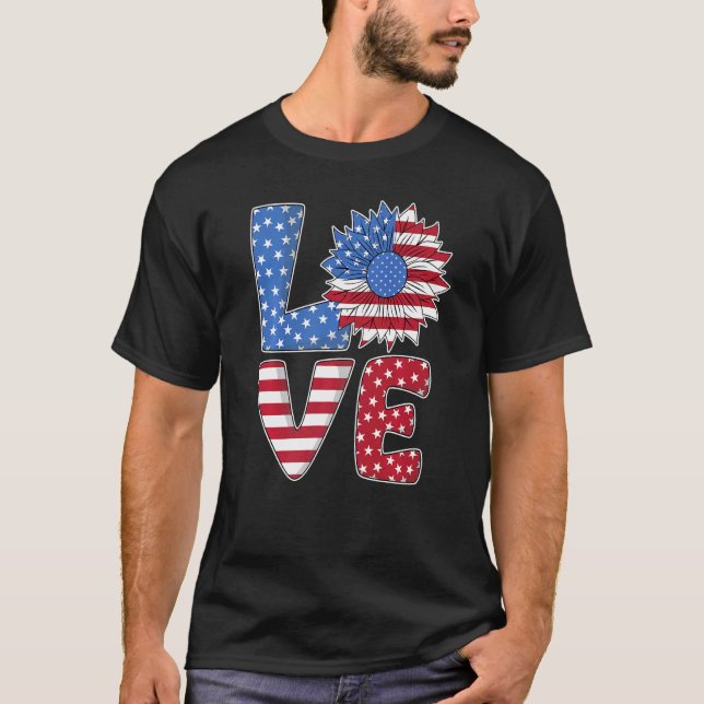 Love Usa Flag Sunflower July 4th American Independ T-Shirt (Front)