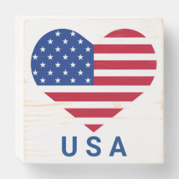 Love USA Heart Flag Celebrate America Wooden Box Sign