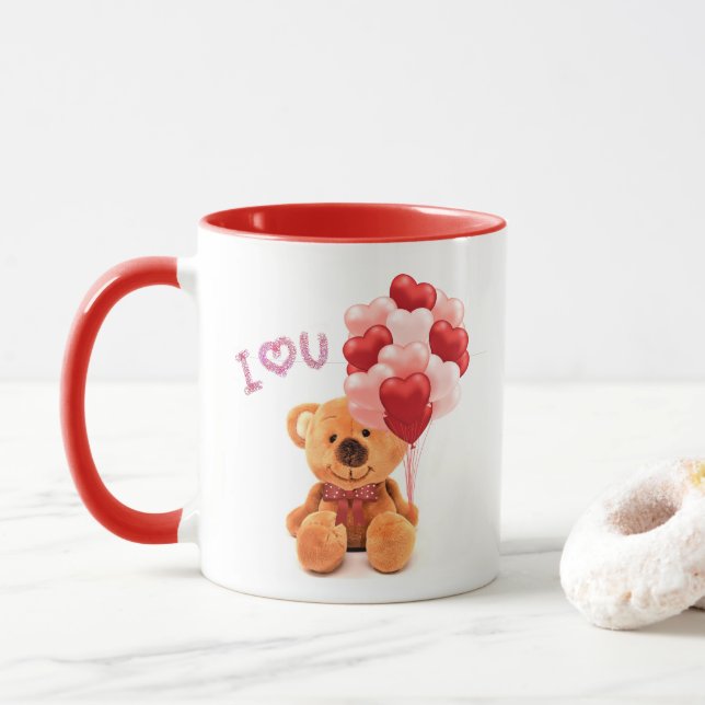 Love Valentine Teddy Bear with Balloons Coffee Mug (With Donut)