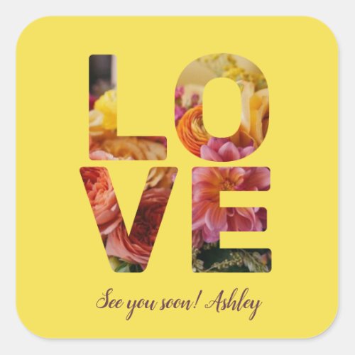 LOVE Valentine Theme Customizable Photo Floral Square Sticker