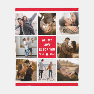 Love Valentine's Day 8 Photo Collage Red Fleece Blanket