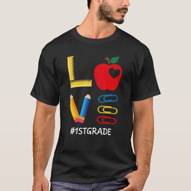 LOVE Valentines Day Apple Crayon 1st Grade Teacher T-Shirt (Front)