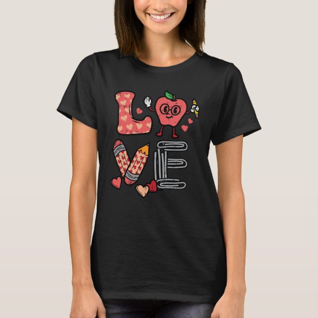 Love Valentines Day Apple Retro School Pre K Teach T-Shirt (Front)
