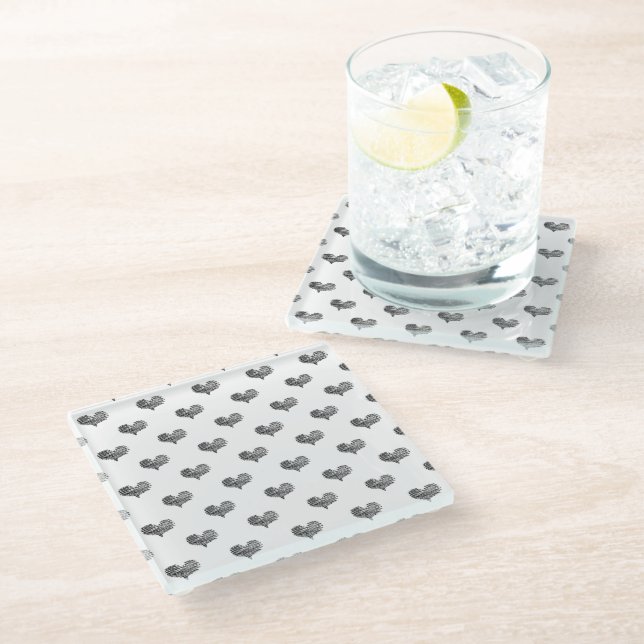 Love Valentine's Day Black Heart Sketch Glass Coaster (Angled)