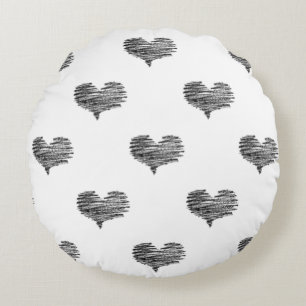 Love Valentine's Day Black Heart Sketch Round Pillow