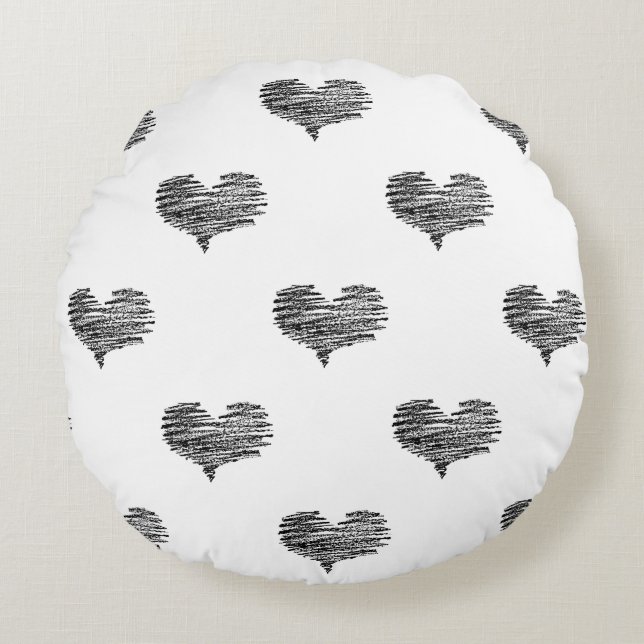 Love Valentine's Day Black Heart Sketch Round Pillow (Front)