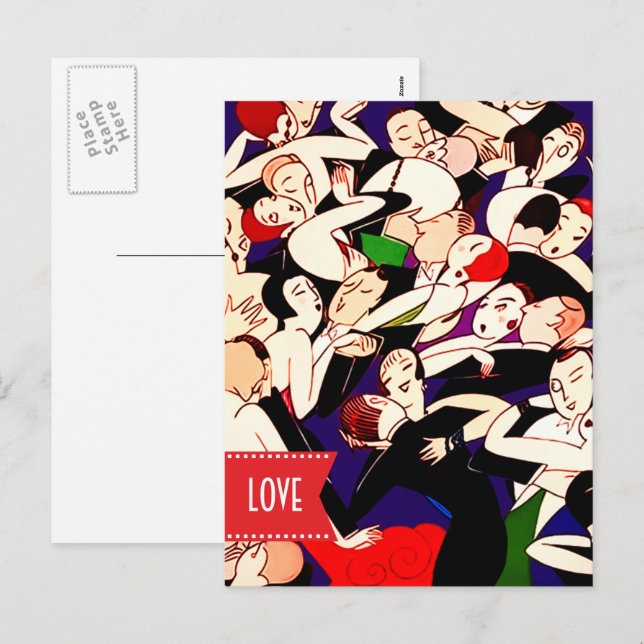 Love. Valentine's Day. Dancing Couples Art Deco  Holiday Postcard (Front/Back)