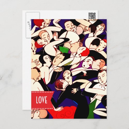 Love Valentines Day Dancing Couples Art Deco  Holiday Postcard