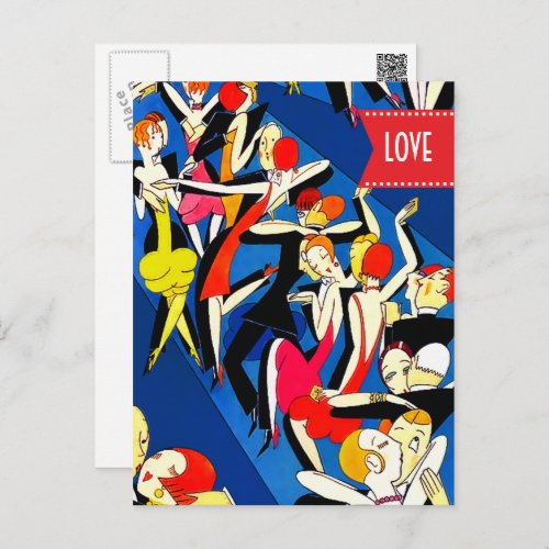 Love Valentines Day Dancing Couples Art Deco  Holiday Postcard