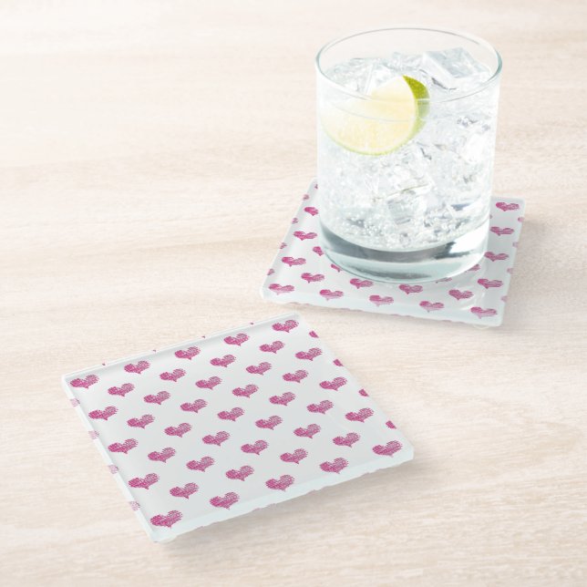 Love Valentine's Day Hot Pink Heart Sketch Glass Coaster (Angled)