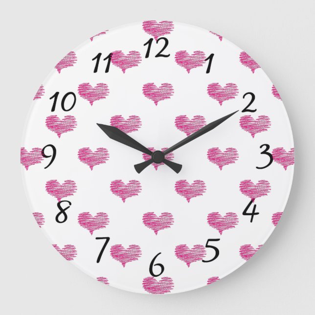 Love Valentine's Day Hot Pink Heart Sketch Large Clock (Front)