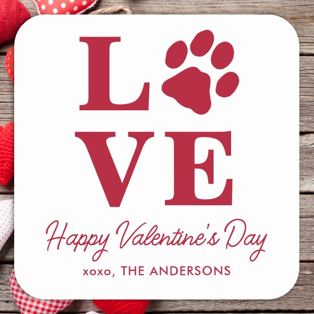 Love Valentines Day Pet Dog Paw Print Square Sticker (Creator Uploaded)