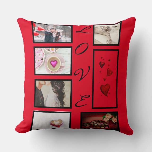 LOVE Valentines Day Red Hearts Photo Collage Throw Pillow (Front)