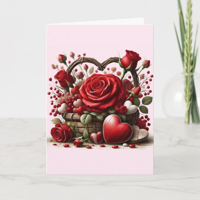 Love Valentine's Day Red Rose Hearts Holiday Card (Front)
