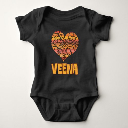 Love Veena Orange Mandala Heart Indian String Instrument Baby Bodysuit