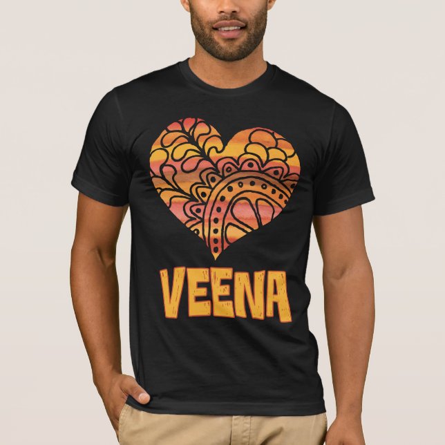 Love Veena Orange Mandala Heart Indian Music T-Shirt (Front)