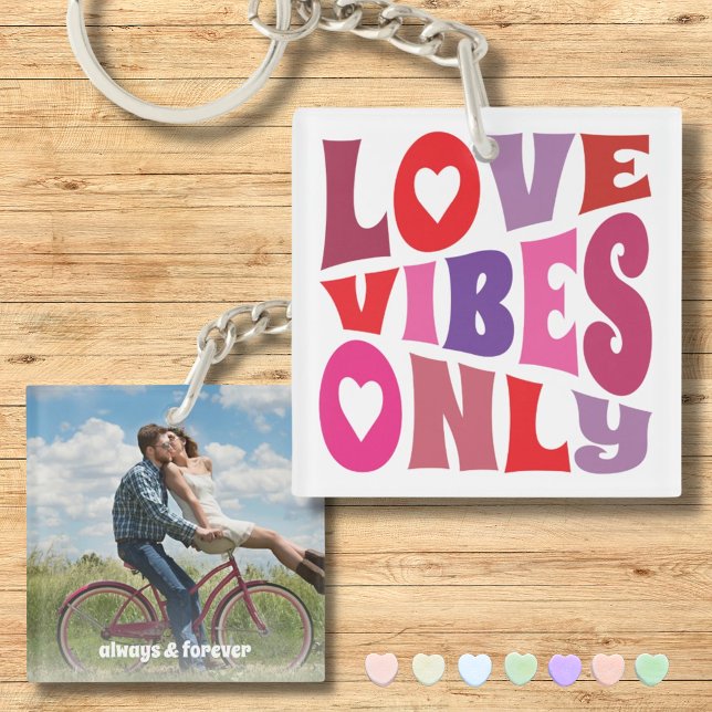 Love Vibes Only Red Pink Couple Photo Typography Keychain (Creator Uploaded)