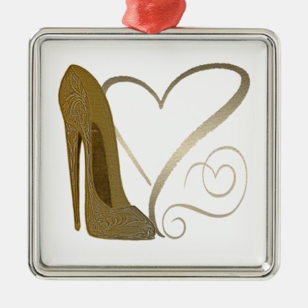 Love Vintage Stiletto Shoe Art And Hearts Metal Ornament