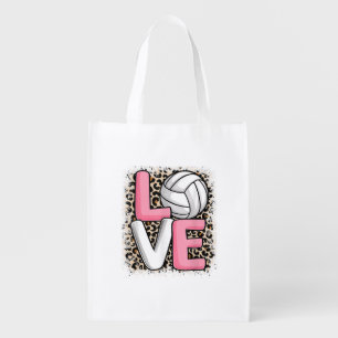 Love Volleyball Leopard Print Women Girls Volleyba Grocery Bag