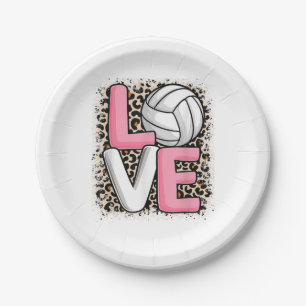 Love Volleyball Leopard Print Women Girls Volleyba Paper Plates