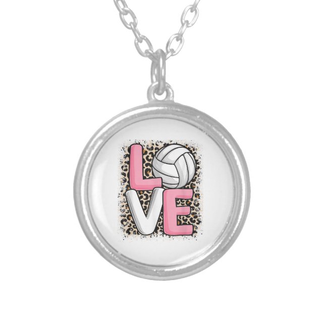 Love Volleyball Leopard Print Women Girls Volleyba Silver Plated Necklace (Front)
