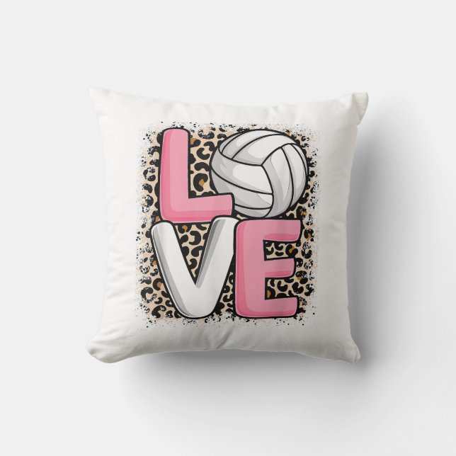 Love Volleyball Leopard Print Women Girls Volleyba Throw Pillow (Front)