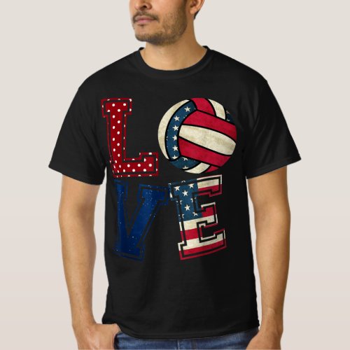 LOVE Volleyball Lover USA Flag Patriotic th Of Jul T_Shirt