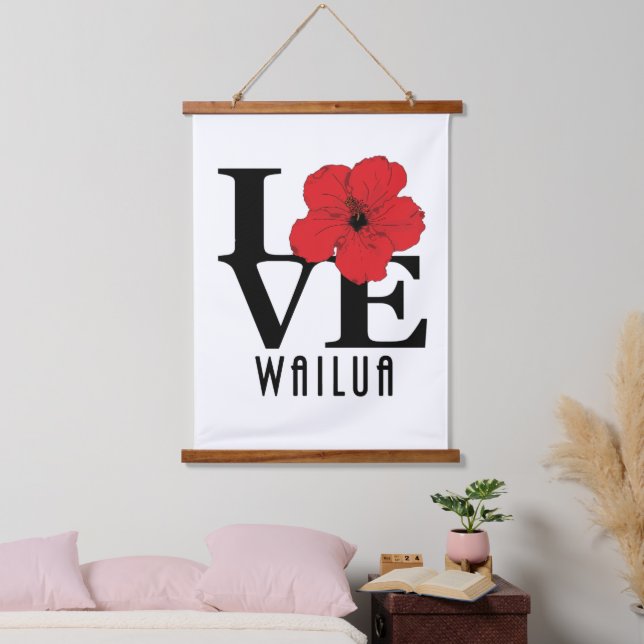 LOVE Wailua Hawaii Red Hibiscus  Hanging Tapestry (Bedroom)
