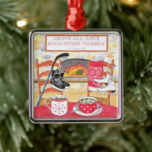 Love Warmly Watercolor Scripture Christmas Metal Ornament