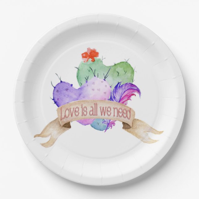 Love Watercolor Cacti Paper Plates (Front)