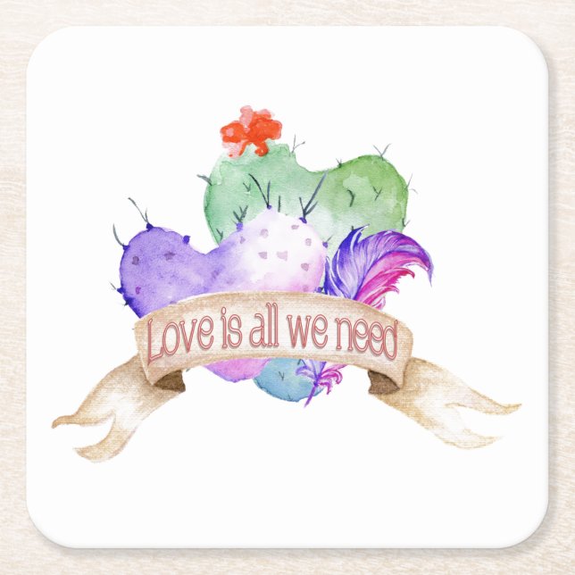 Love Watercolor Cacti Square Paper Coaster (Front)