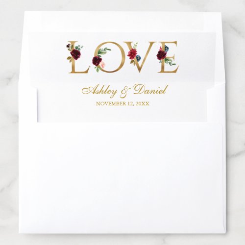 Love Watercolor Floral Burgundy Blue Gold Wedding Envelope Liner