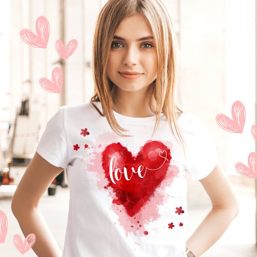 Love Watercolor heart in red Valentines day T_Shirt