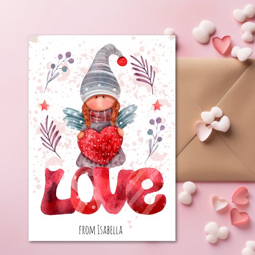 Love Watercolor Lady Gnome With Heart Valentine Holiday Card
