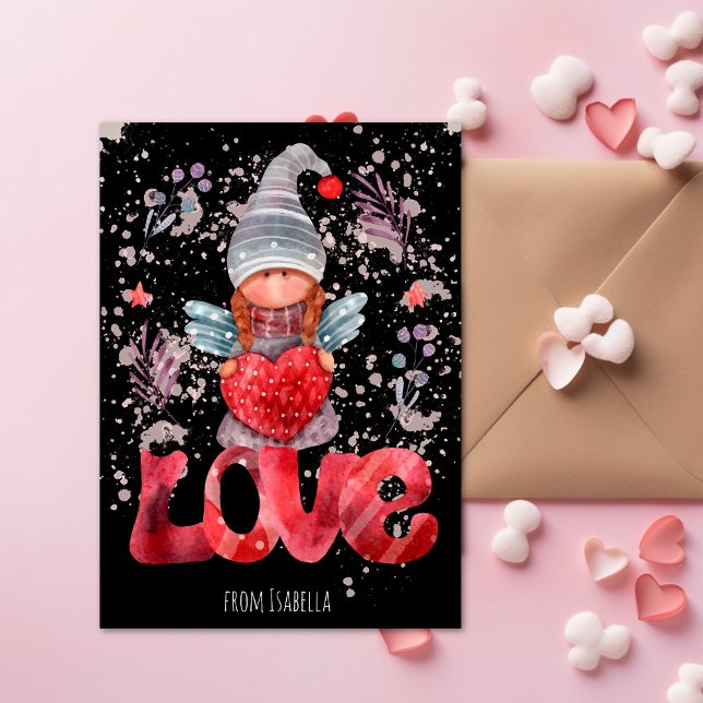 Love Watercolor Lady Gnome With Heart Valentine Holiday Card (Creator Uploaded)